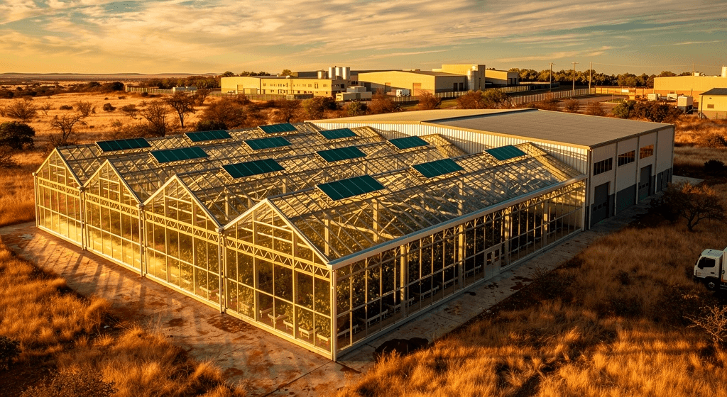Photorealistic 3D render of a sealed glass Venlo greenhouse and processing facility at golden hour on the South African Highveld