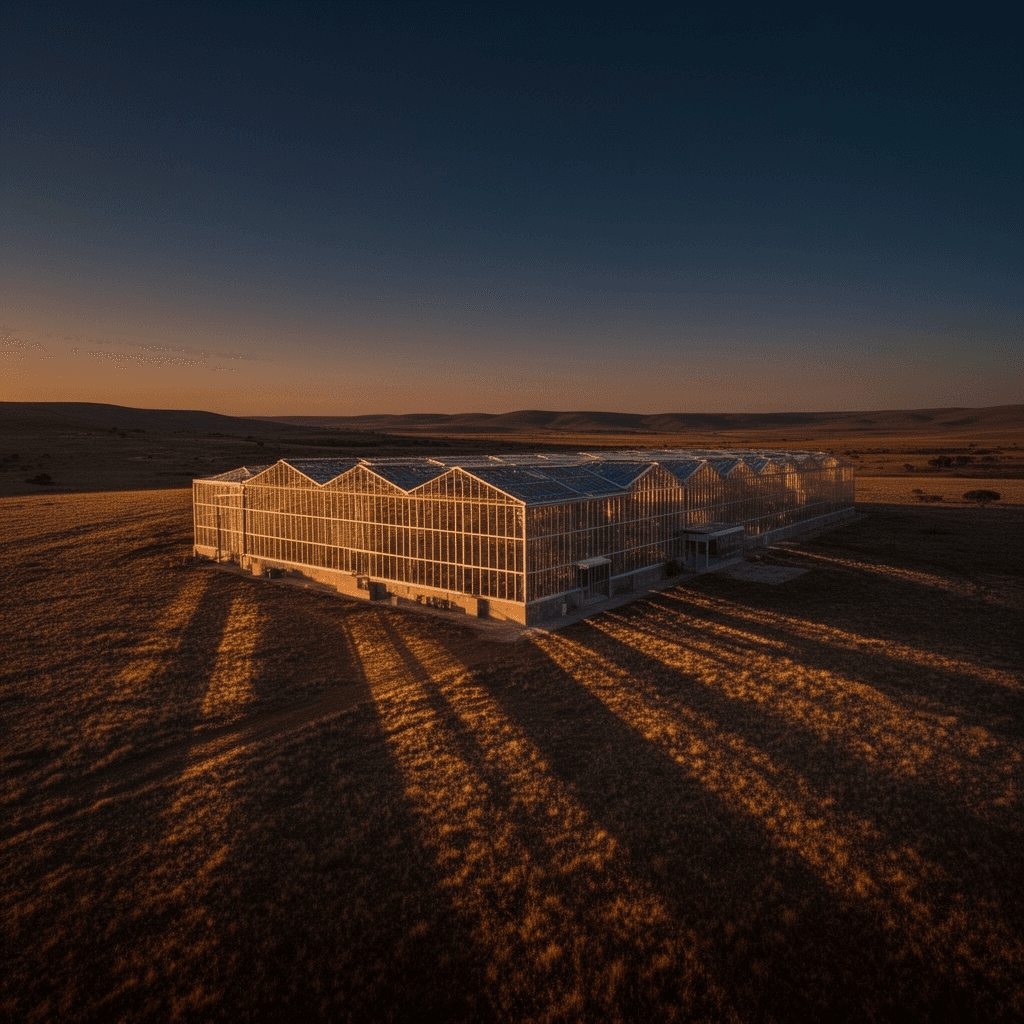 Photorealistic aerial view of a sealed glass Venlo greenhouse and processing facility at golden hour on the South African Highveld