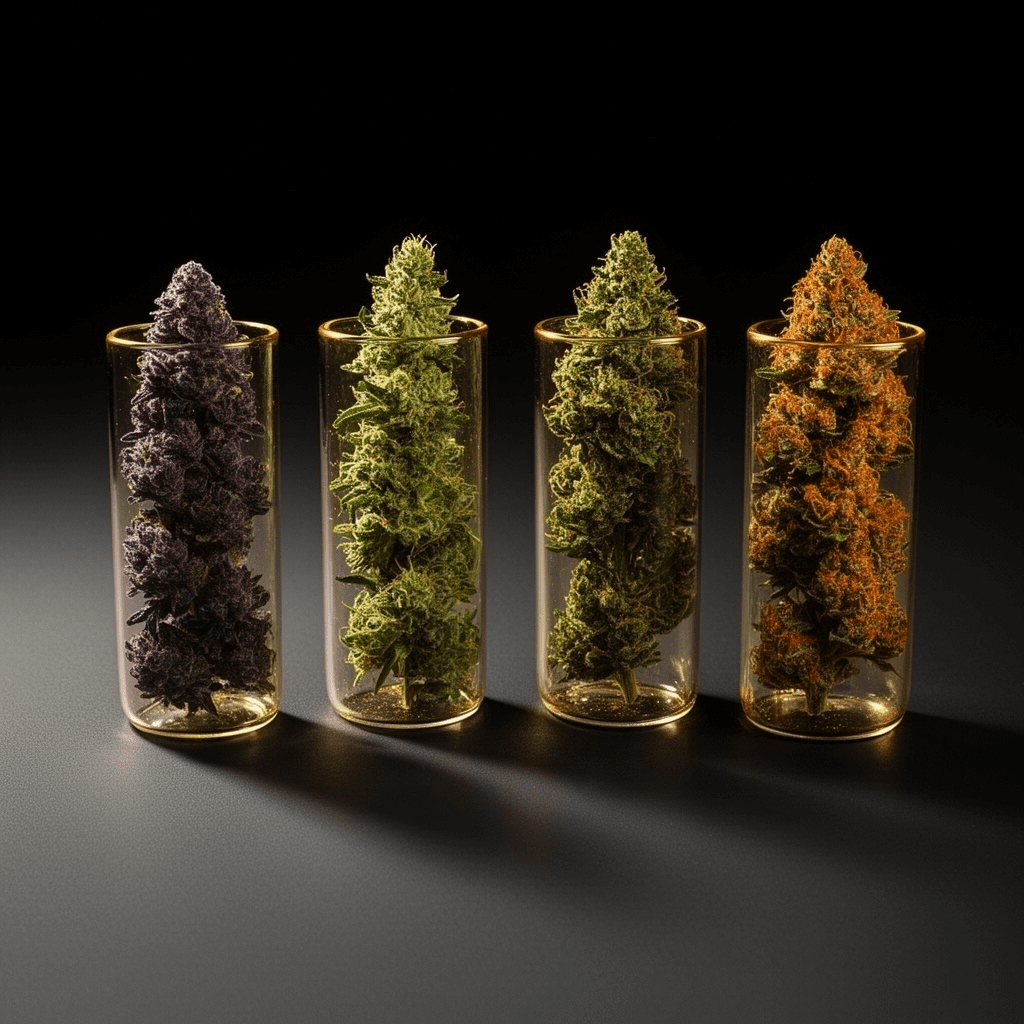 Four sealed pharmaceutical cannabis jars in clinical product photography