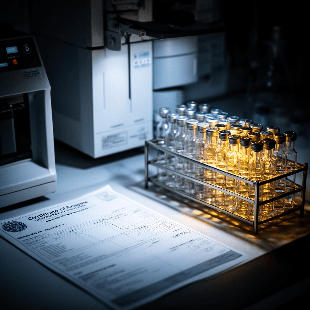 Pharmaceutical quality control laboratory bench with analytical testing equipment