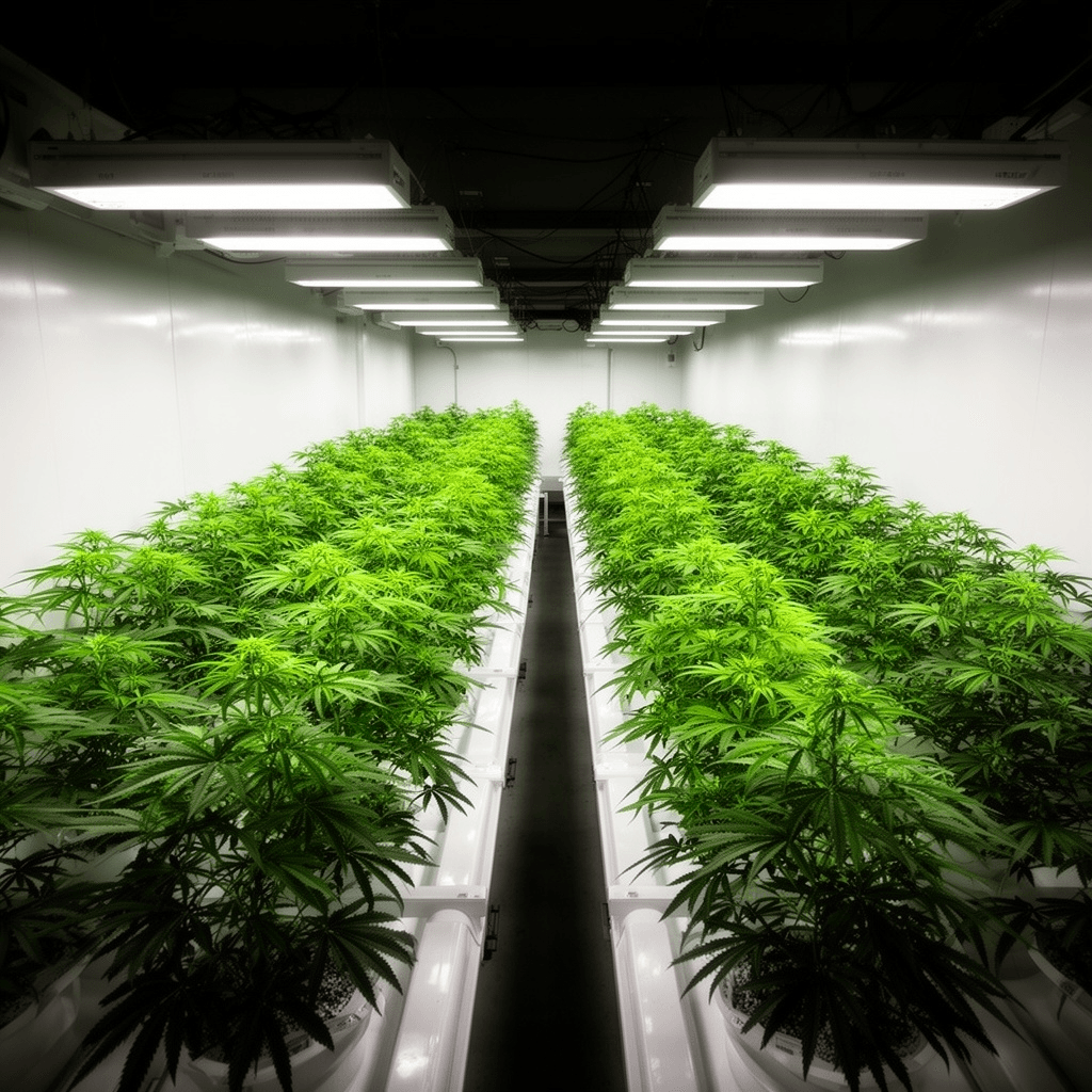 Cannabis vegetative growth in controlled greenhouse bay